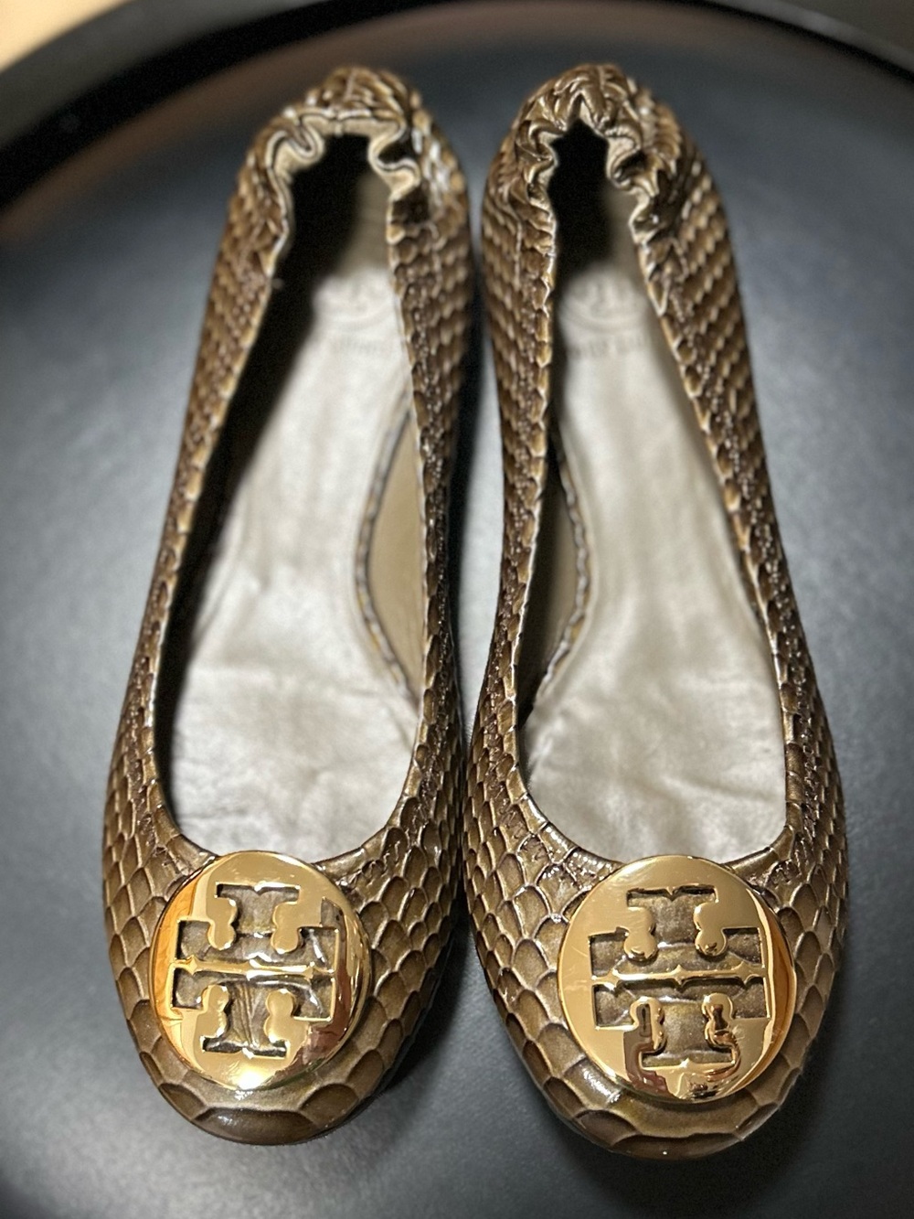 Tory Burch Brown Metallic Snake-Embossed Logo Ballet Flats